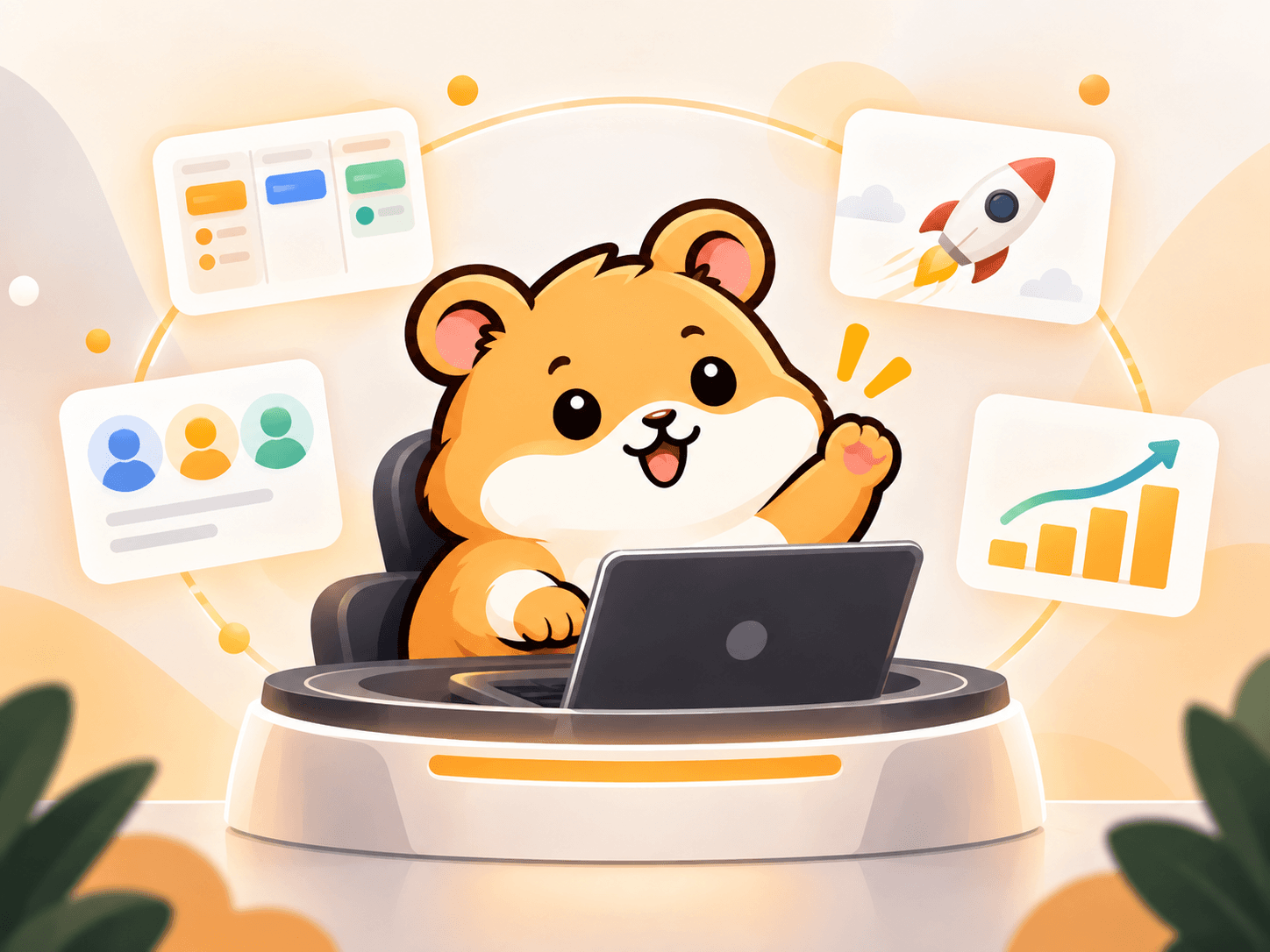 Hamstik hamster mascot with planning, collaboration, and reporting illustrations